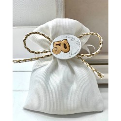 Sacchetto vuoto tessuto bianco con fiocco cordoncino oro e 50° legno
