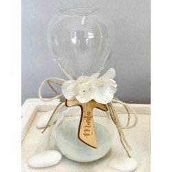 Clessidra di vetro confezionata con Tau legno personalizzato e fiori